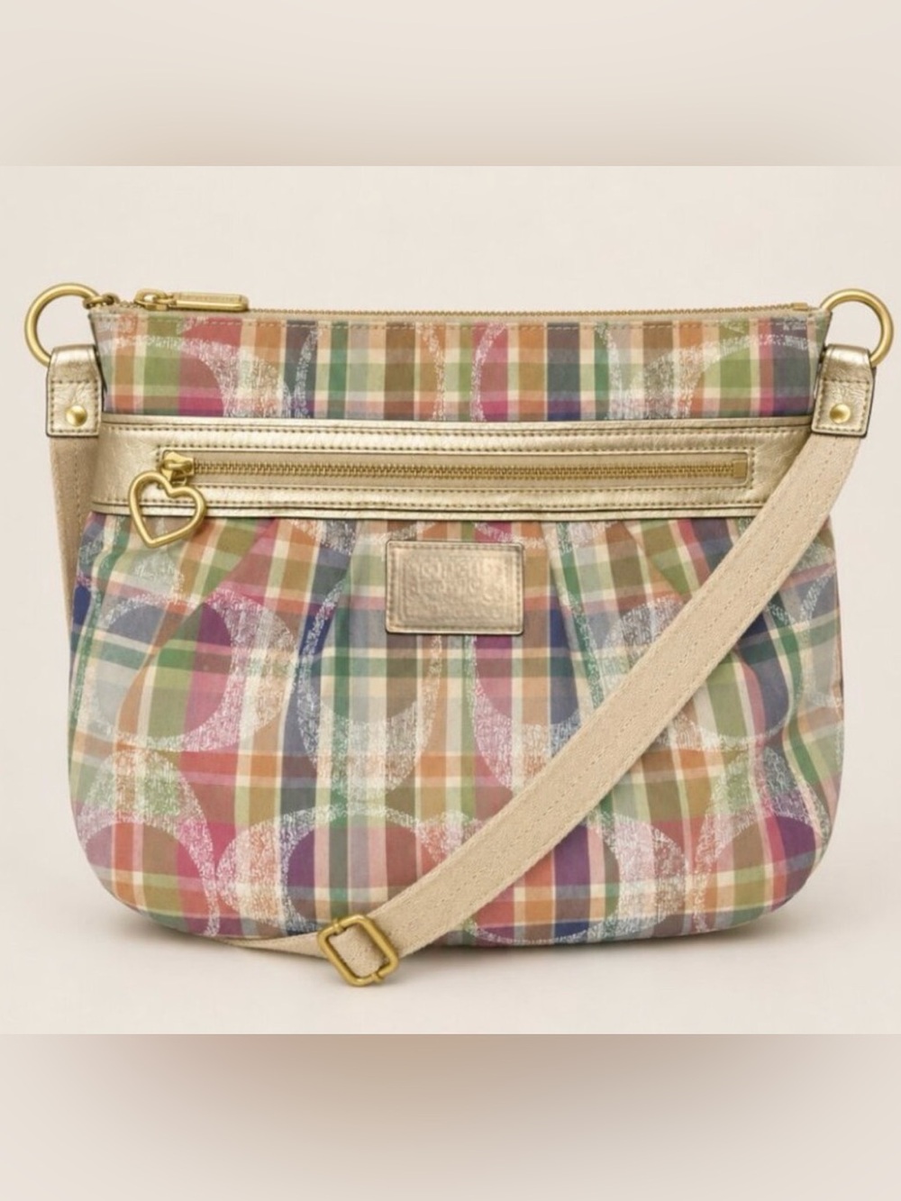 Coach Poppy Daisy Madras Multicolor Pastel Plaid Crossbody with Cream Strap